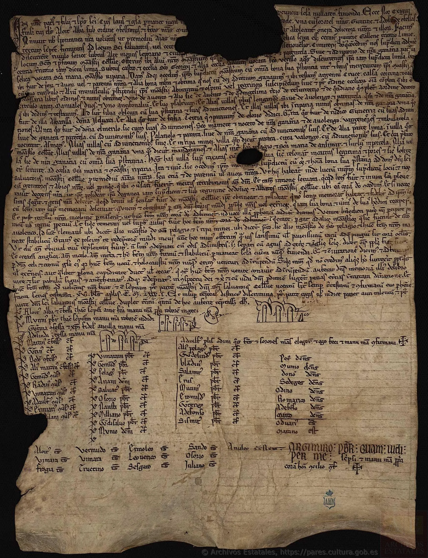 Pergamiño medieval escrito en letra visigótica, con buratos e bordos gastados