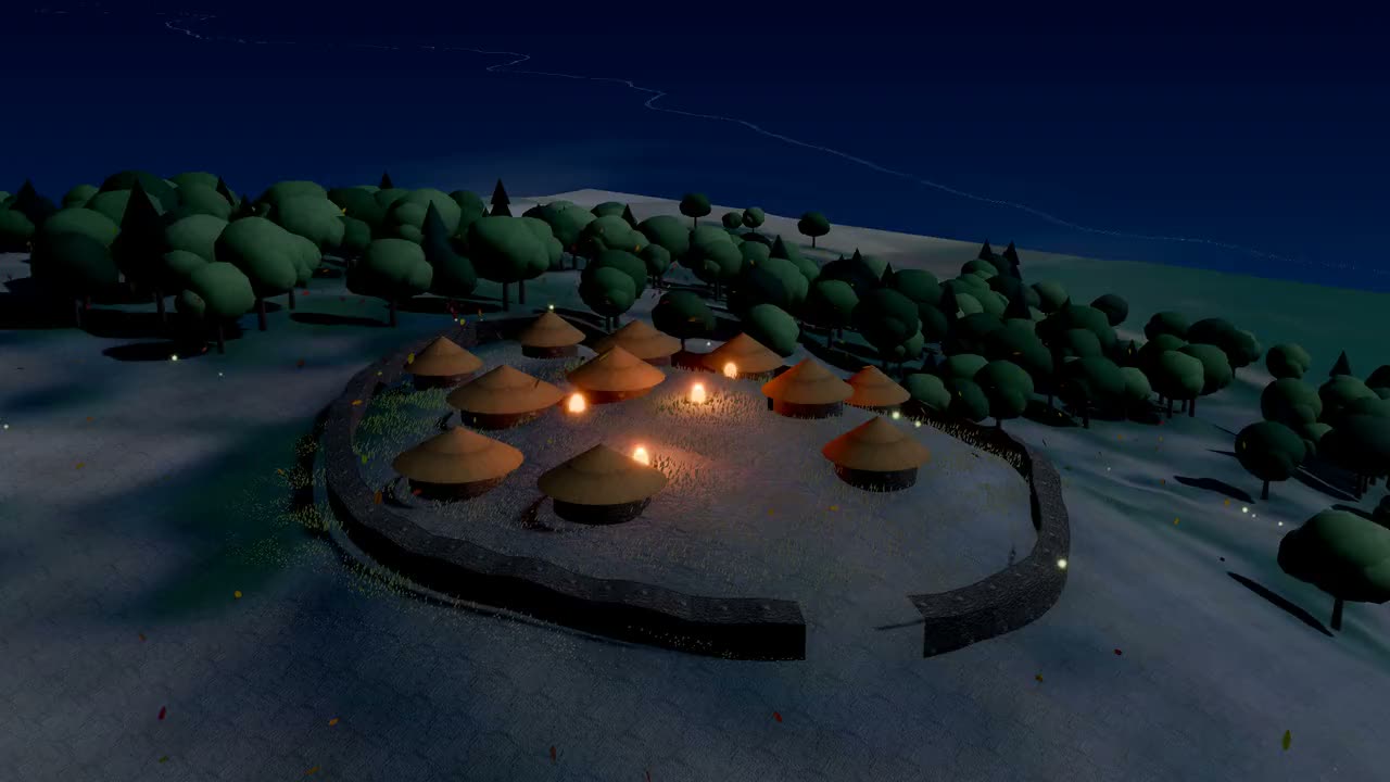 Recreación en 3D del castro de Outeiro de Almeide de noche: una muralla alrededor de la cima, casas redondas de paja y hogueras