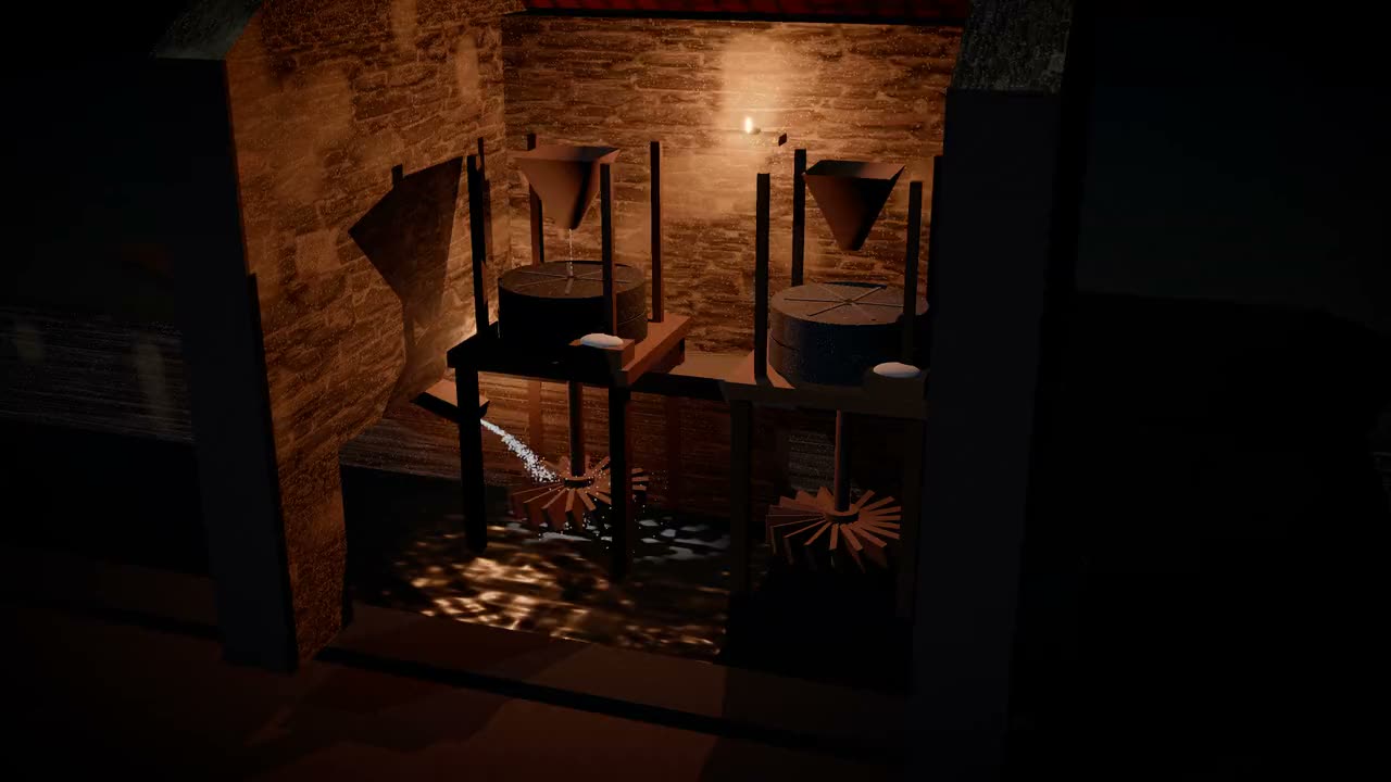 Recreación en 3D dun muíño de regato por dentro: a auga move a roda de abaixo e as moas de pedra moen o gran